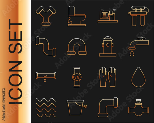 Set line Industry pipe and valve, Water drop, tap, Electric water pump, metallic, and Fire hydrant icon. Vector
