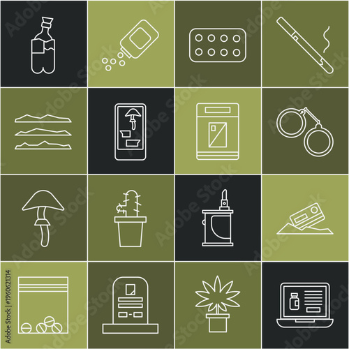 Set line Buying drugs online on laptop, Cocaine and credit card, Handcuffs, Pills blister pack, phone, or heroin, Bong for smoking marijuana and Cigarettes box icon. Vector