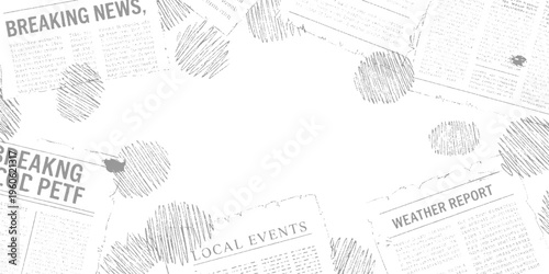 Newspaper pages with breaking news local events and weather report headlines and scribbled textures