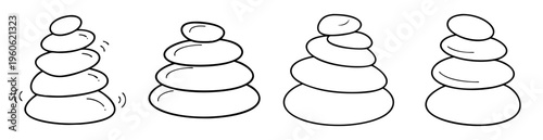 Four stacks of unevenly placed stones, first stone stack is vibrating