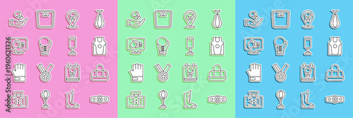 Set line Boxing belt, Sport bag, jersey and t-shirt, glove, and Punching icon. Vector