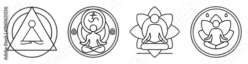 Collection of four symbolic meditation poses within geometric shapes, minimalist design