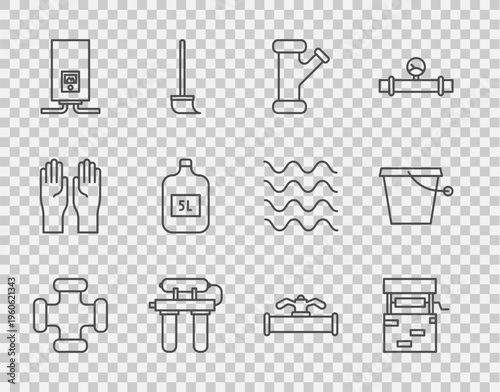 Set line Industry metallic pipe, Well, Water filter, Gas boiler with burning fire, Big bottle clean water, and valve and Bucket icon. Vector