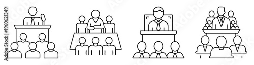 Icon set showing meetings, conferences, speaking engagements, presentations, and discussions