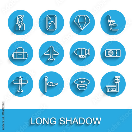 Set line Plane, Cone meteorology windsock wind vane, Stewardess, Pilot hat, Airport control tower, Airline ticket and Airship icon. Vector