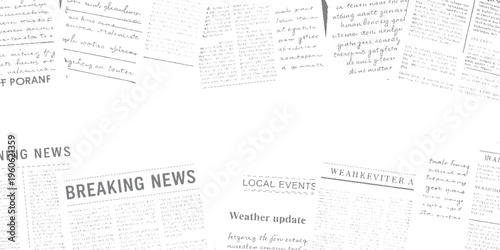 Newspaper pages with headlines breaking news local events weather update and handwritten text writing