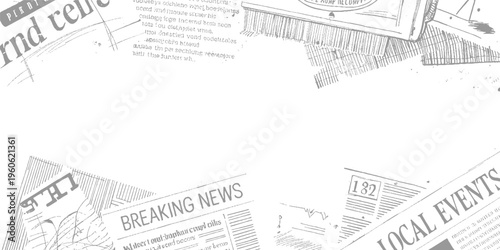 Vintage newspaper pages with breaking news and local events headlines in grey tones
