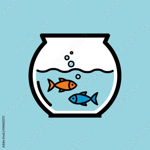 Two colorful fish swimming in a clear fishbowl with bubbles, isolated on a light blue background.