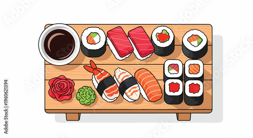 Overhead view of assorted sushi rolls and sashimi on a wooden board with soy sauce and wasabi against a clean white background.