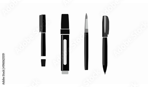 Black markers and pens vector set four writing tools in row illustration