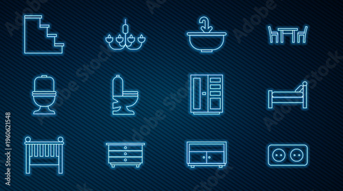 Set line Electrical outlet, Bed, Washbasin with water tap, Toilet bowl, Staircase, Wardrobe and Chandelier icon. Vector