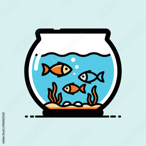 Cute cartoon fish swimming in a clear fishbowl with aquatic plants and bubbles