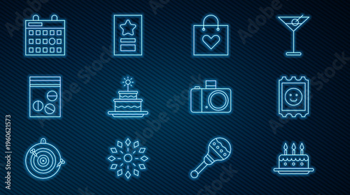 Set line Cake with burning candles, LSD acid mark, Shopping bag heart, Plastic of drug, Birthday calendar, Photo camera and Greeting card icon. Vector
