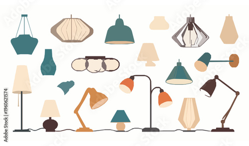 Interior lamp collection vector modern lighting fixtures flat design set