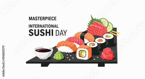 A vibrant sushi platter with various rolls and sashimi on a black tray, accompanied by soy sauce and wasabi on a clean white background, celebrating International Sushi Day.