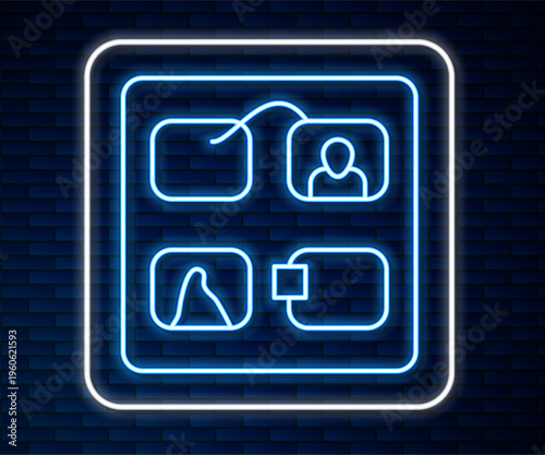 Glowing neon line Storyboard film video template for movie creation icon isolated on brick wall background. Vector