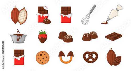 Chocolate Delights: Cacao Pods, Bars, Candies, Cookie, Strawberry, Pretzel, Baking Tools