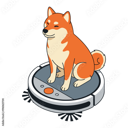 A dog sits on a robotic vacuum cleaner in a domestic setting.