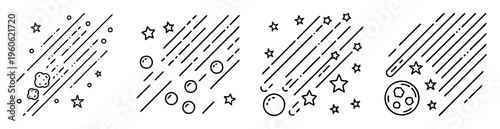 Four stylized illustrations of meteor showers with stars and celestial elements