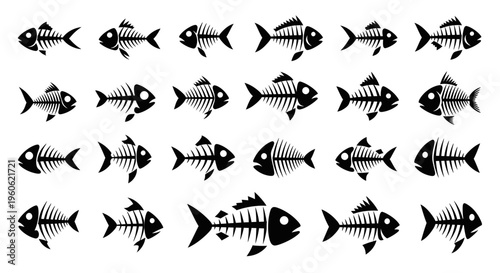 Fish Skeletons Collection, Black Icons on White Background, Marine Life