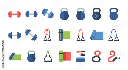 Fitness Equipment Icons: Dumbbells, Kettlebells, Yoga Mats, Jump Ropes