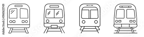 Simple black and white line art illustration depicting various types of trains