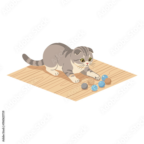 A curious cat plays with colorful balls on a wooden floor indoors.
