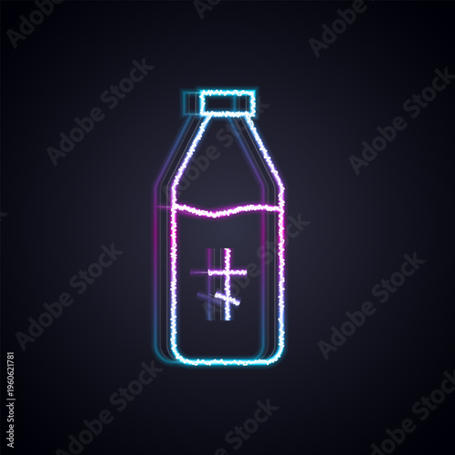 Glowing neon line Holy water bottle icon isolated on black background. Glass flask with magic liquid. Vector