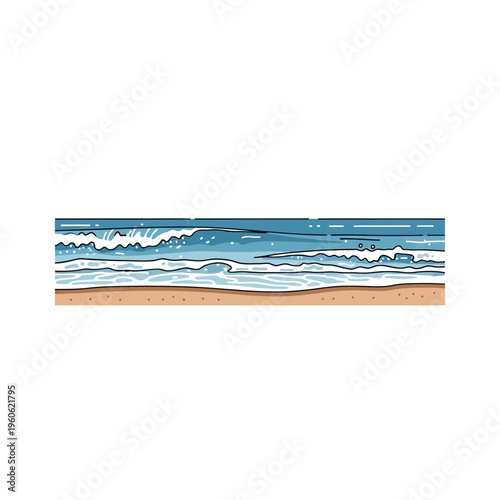 Ocean waves crashing on sandy beach, hand-drawn illustration, summer vacation concept