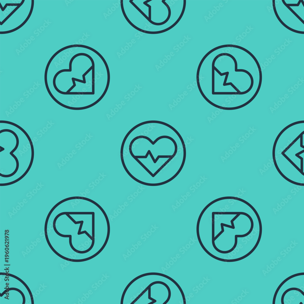 Fototapeta premium Black line Heart rate icon isolated seamless pattern on green background. Heartbeat sign. Heart pulse icon. Cardiogram icon. Vector