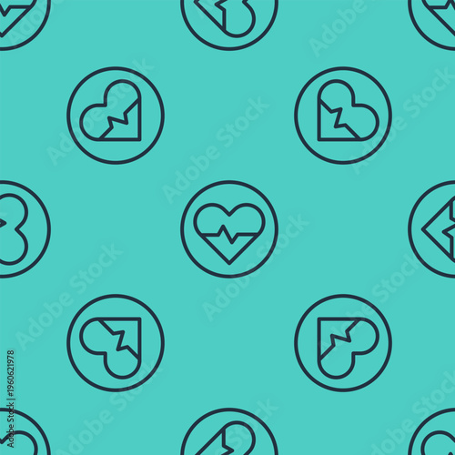 Black line Heart rate icon isolated seamless pattern on green background. Heartbeat sign. Heart pulse icon. Cardiogram icon. Vector