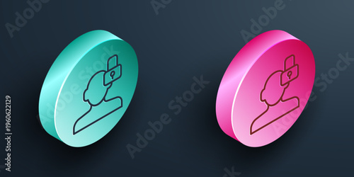 Isometric line Closed personality icon isolated on black background. Introvert psychology. Turquoise and pink circle button. Vector
