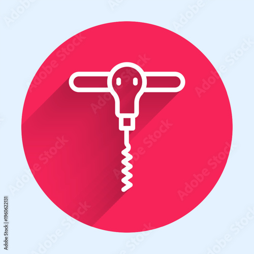White line Wine corkscrew icon isolated with long shadow background. Red circle button. Vector