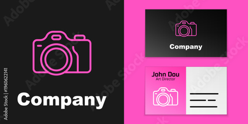 Pink line Photo camera icon isolated on black background. Foto camera. Digital photography. Logo design template element. Vector
