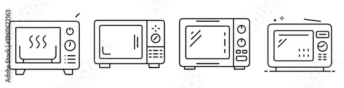 Four simple line drawing illustrations of different variations of toaster ovens