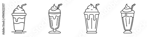 Line art depiction of milkshake desserts with whipped cream and straw