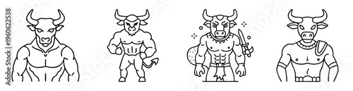 Set of four strong minotaur illustrations with bull heads and human bodies
