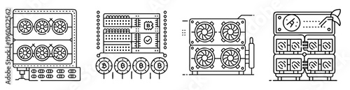 Illustrations depicting cryptocurrency mining hardware and concepts in black and white line art
