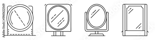 Collection of stylized mirrors with geometric frames in minimalist line art