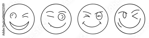 Black and white line art showing various winking smiley face expressions