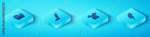 Set Isometric Basin with soap suds, Vacuum cleaner, Rubber for windows and Dirty t-shirt icon. Vector