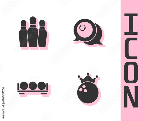 Set Bowling ball, pin, Billiard balls on stand and icon. Vector
