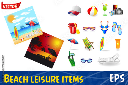 icons set for rest on a sun sea and beach cartoon stock vector illustration