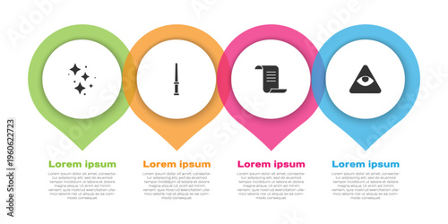 Set Sparkle stars with magic, Magic wand, Ancient book and Masons. Business infographic template. Vector