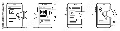 Four mobile phone marketing or advertising strategy icons, outline style