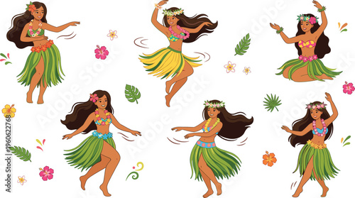 Hula Dance Performer Vector Set Featuring Tropical Costumes, Floral Leis, and Dynamic Poses for Hawaiian and Beach Party Designs
