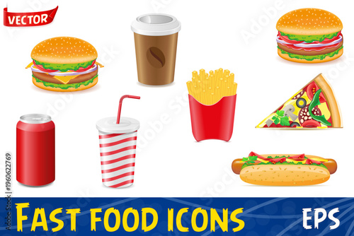 set icons of fast food burger pizza hot-dog cola coffee stock cartoon vector illustration