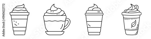 Black and white line drawing of four unique coffee beverages