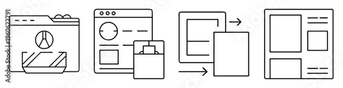 Line art illustration of various computer interfaces and website design layouts