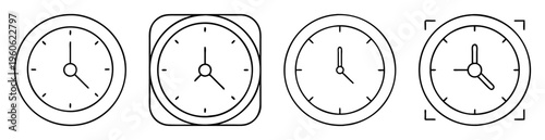 Four distinct clock designs showcasing minimalist black and white outline icons